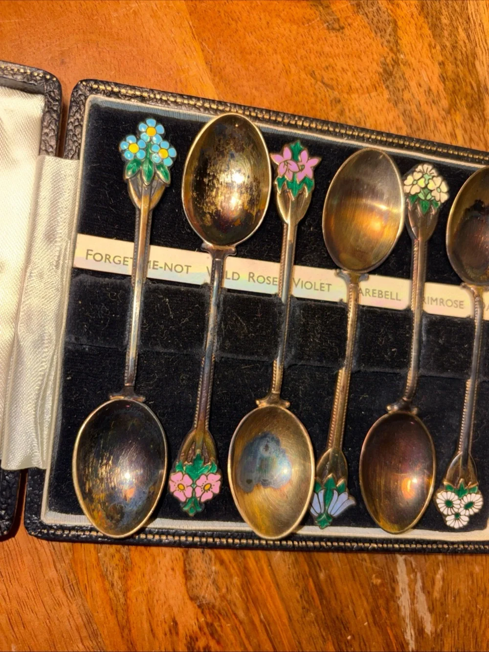 T&S Turner & Simpson Sterling Enamel Floral Demitasse Spoon Set (6) In Box UK